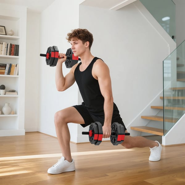 Justerbart 4-i-1 V`egts`t - 15kg Håndvægte, Vægtstang & Kettlebell - Rød Plastik
