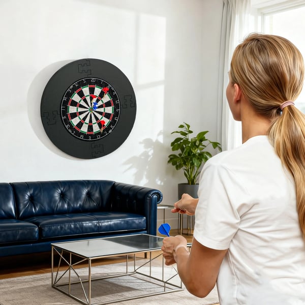 Dartskive Dartboard-sæt med beskyttelsesring, 6 dartpile med ståltip, Sisal, Plastik, Sort