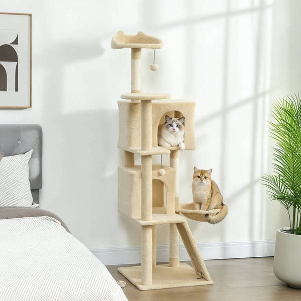 Kl'str'd katttr'd 160cm med kojor, h'ngmatta, stege, sisalstolpar, plyschbollar - Beige Polyester