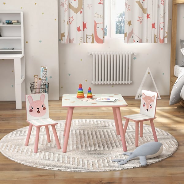 barnmöbelgrupp i furu, bord med 2 stolar, djurmönster, barnrum, 3-8 år, rosa