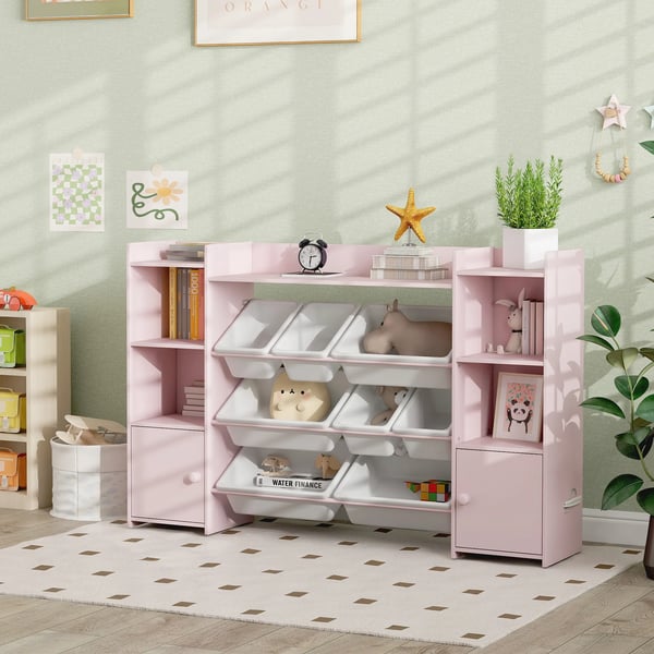 Barnförvaringshylla, rosa för leksaker och böcker med 8 lådor, MDF