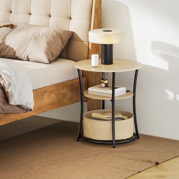 Sofabord med indbygget ladestation, 3 hylder, opbevaringstaske, naturtræ/metal, 50x50x55,1 cm