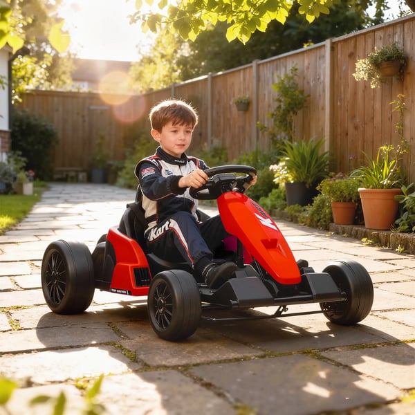 24V Elektrisk Gocart, Driftläge, justerbart säte, 5-punkts säkerhetsbälte, musikfunktion, signalhorn, 6-12 år Röd