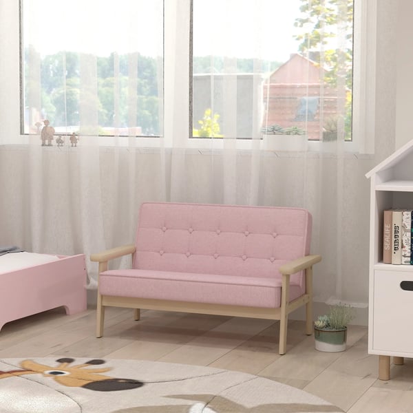 Børnesofa i rosa fløjlslook med træramme, polstret - til børn 3-15 år