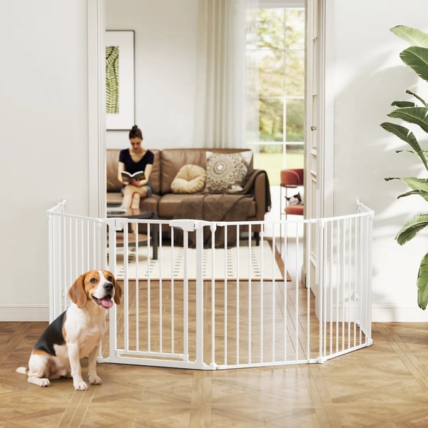 Kæledyrshegn, 6-panel barriere med dør, sammenklappelig, til små & mellemstore hunde, stål/plast, hvid