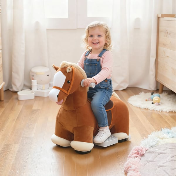 Kørbart Ridehest til Børn, Blødt Betræk, Batteridrevet, Musik, Hjul, 1,5-5 År, Brun