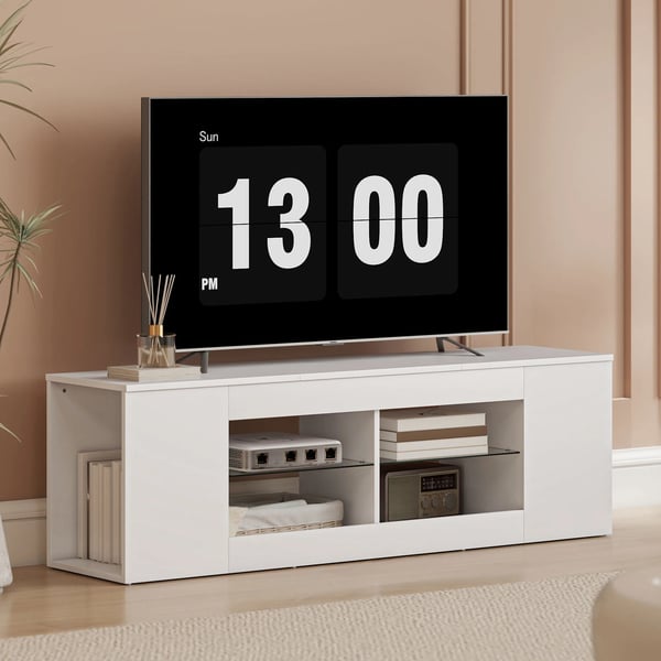 140 cm TV-bänk, TV-möbel, 6 fack, 2 glashyllor, spånskiva, vit