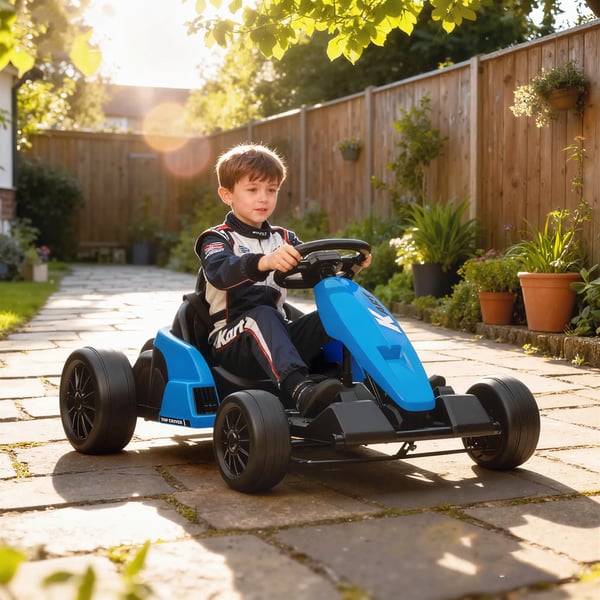 24V Elektrisk Gokart, Drifta-läge, Justerbart Säte, 5-punkts Säkerhetsbälte, Musikfunktion, Signalhorn, 6-12 År, Blå