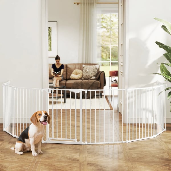Kæledyrshegn med Dør 8 Paneler Foldbar til Små/Mellemstore Hunde Hvid Legeret Stål/Plast 75 cm
