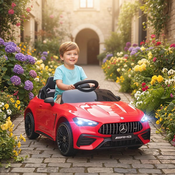 Børne elbil, Mercedes-design, Fjernbetjening, LED, Musik, Rød, Plast