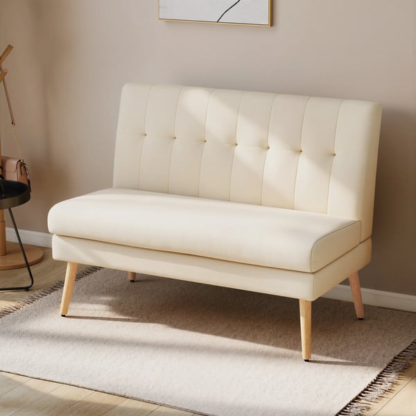 2-sitssoffa, tuftat ryggstöd, träben, tjock vaddering, linneutseende, för små utrymmen, beige