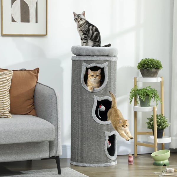 Klösträd för katter, 96 cm, 4-nivåer, 3 sovgropar, tvättbar kattbädd, hundleksaker, för flera katter, grått polyester