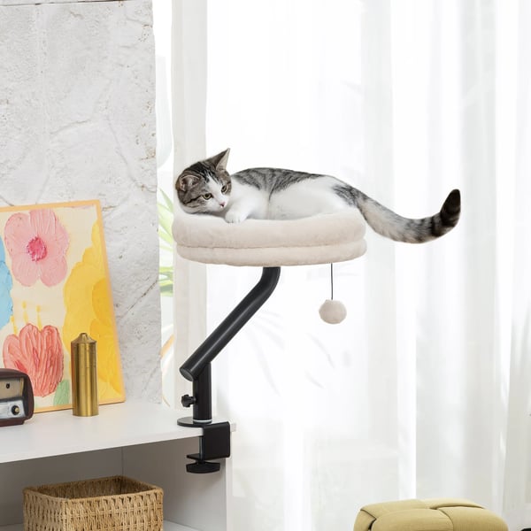 Kattbädd för Skrivbord - 360° Rotation, Justerbar Höjd, Tvättbar Bädd, för Katter < 6kg, Krämvit & Svart