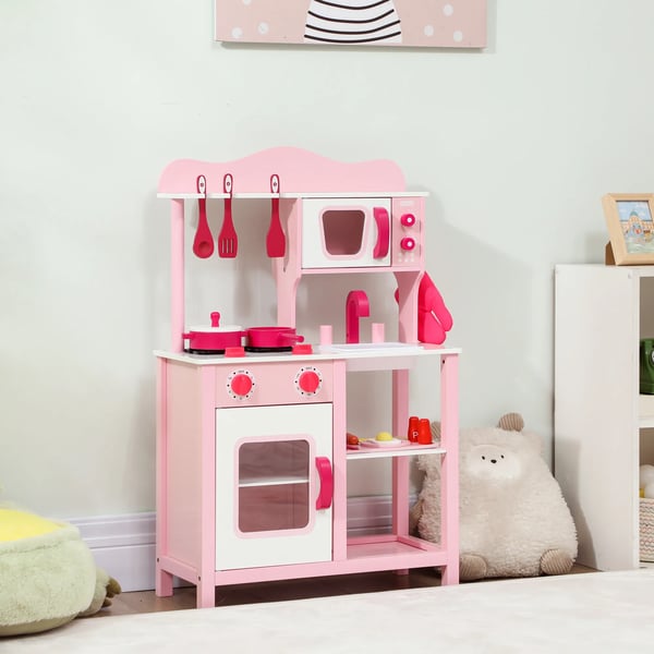 Legekøkken for børn i træ, pink, med tilbehør, kompakt design, 47 cm bordplade, 3-6 år