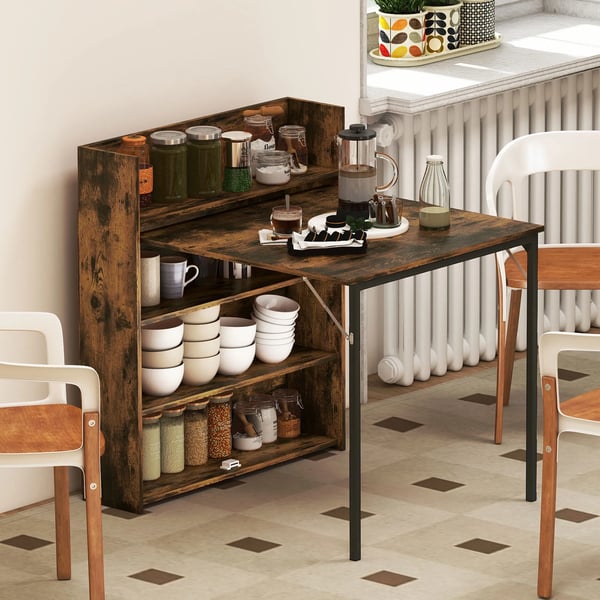 Hopfällbart matbord med hylla, industridesign, utrymmesbesparande, för små rum, 80x90x93cm, rustikbrun
