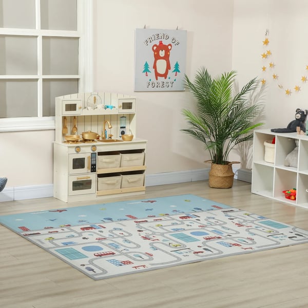Lekmatta för baby, XPE-skum, 1,5 cm tjock, halkfri, flersidiga mönster av racerbilar, 195x146,5 cm