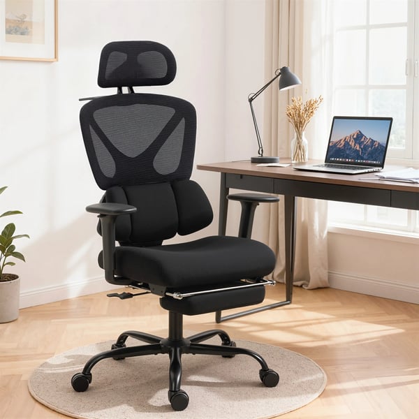 Ergonomisk kontorsstol, n't, svankst'd, justerbar H'jd, fotst'd och nackst'd, svart