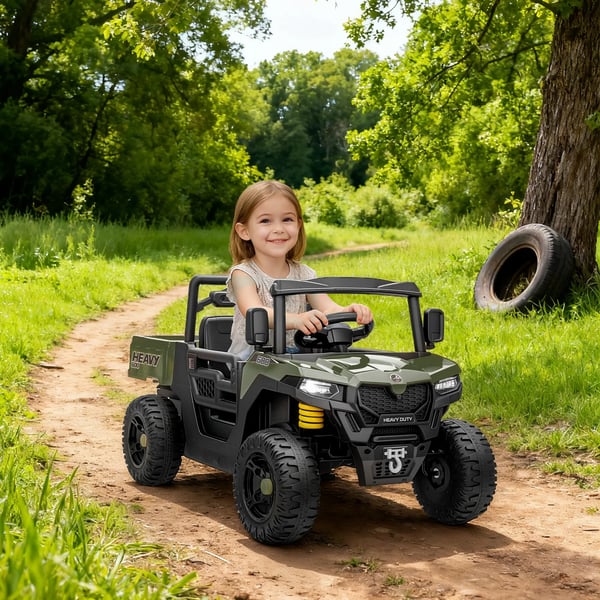 Elektriskt fordon för barn, 2 motorer, bagageutrymme, UTV-design, grön