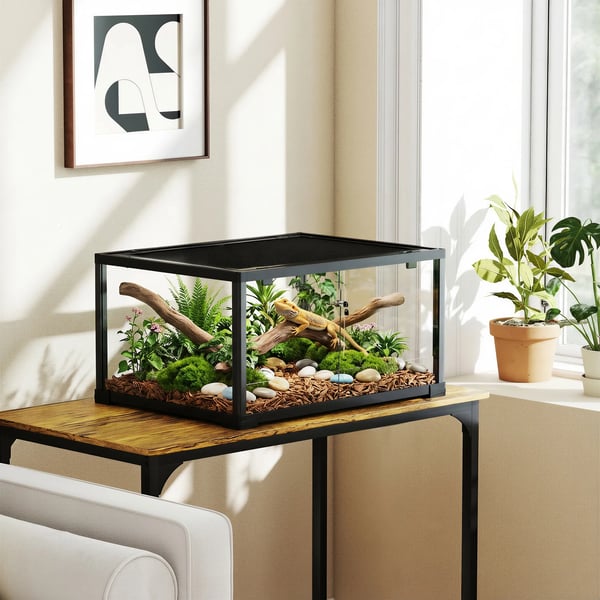 Reptil-terrarium med skydedør, aflåseligt vivarium, 86L, 60 x 45 x 32 cm, sort
