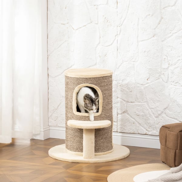 Klösträd för katter med 2 nivåer, klösmattor, utkiksplattform, beige/brun polyester