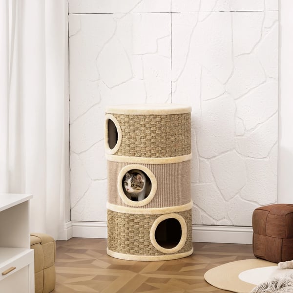 Klösträd, 79 cm, Khaki+Brun, flera nivåer, plysch och sisal, för katter över 10 kg