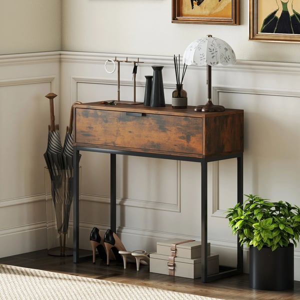 Konsolbord med låda, industriell design, 80x30x76 cm, rustik brun