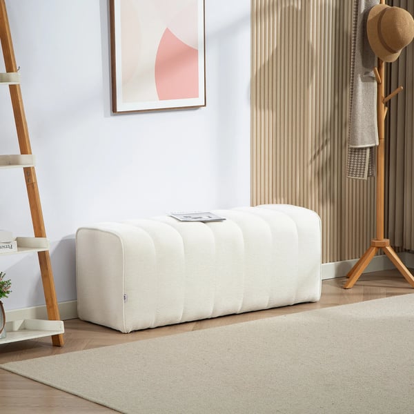 Sovrumsbänk, Klädd Bänk med Träram, Linne-look Tyg, Krämvit, 110x40x44 cm