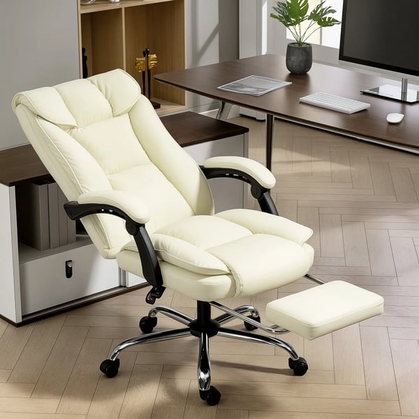 Ergonominen työtuoli jalkatuella, keinonahkaa ja puumateriaalia, beige