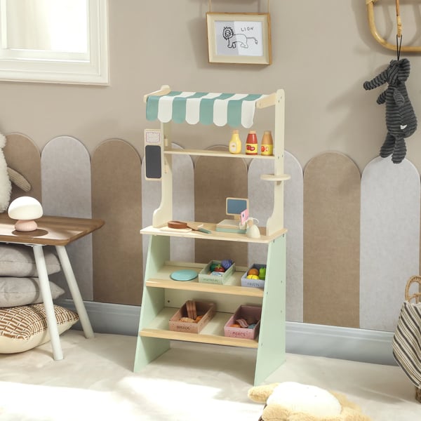 Lekbutik för barn, Grön Leksupermarket med 34 tillbehör, MDF/Plywood/Gummiträ/Furu/Metall/Polyester, 92,5x40x30 cm