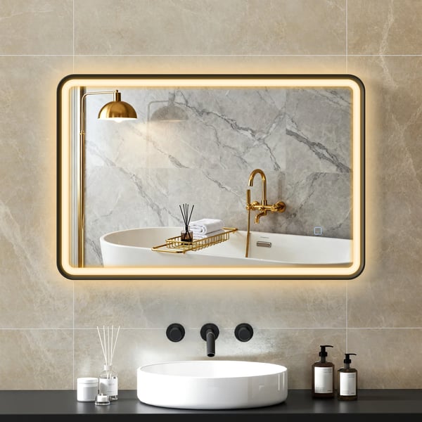 Svart LED-badrumsspegel 90x60 cm, dimbar med 3 färgtemperaturer, anti-dim, IP44, härdat glas
