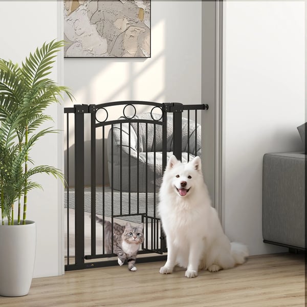 Säkerhetsgrind för husdjur, 96 cm, justerbar (76-104 cm), med kattdörr, svart