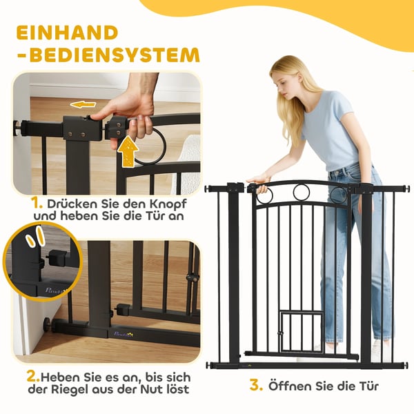 Säkerhetsgrind för husdjur, 96 cm, justerbar (76-104 cm), med kattdörr, svart