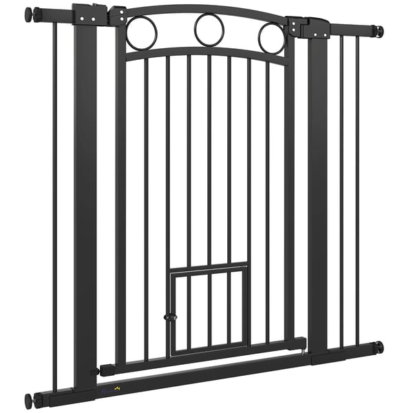 Säkerhetsgrind för husdjur, 96 cm, justerbar (76-104 cm), med kattdörr, svart
