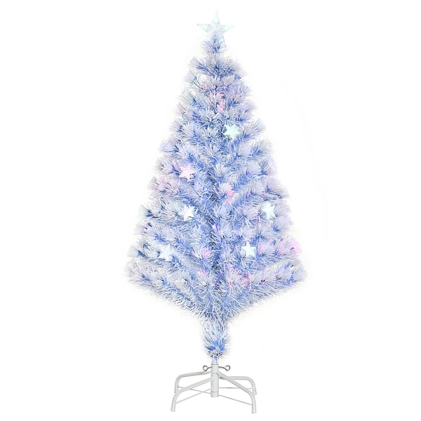 Kunstigt Juletræ med LED Lys, Fiberoptik og Stjerne, Hvid+Blå, Ø60 x 120 cm