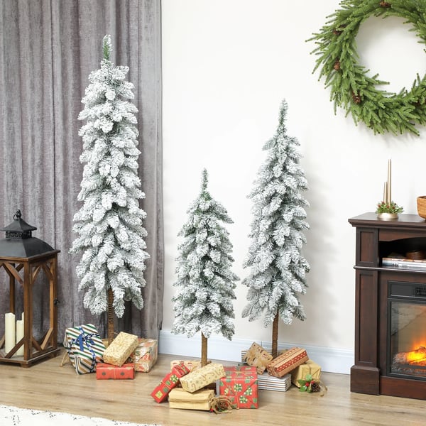3-pack snötäckta konstgjorda julgranar, 3 storlekar, metallfot, flamskyddad, plast, Grön+Vit