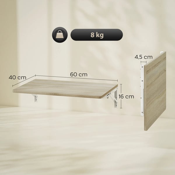 Vægklapbord Eg 60x40 cm - Pladsbesparende Vægmonteret Skrivebord
