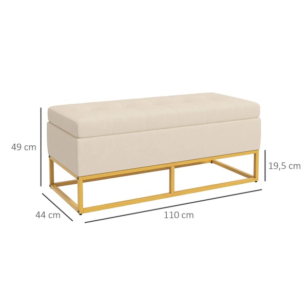 Säilytyspenkki pehmustettu, saranakansi, sametti-look, teräsjalat, beige, 110x44x49cm
