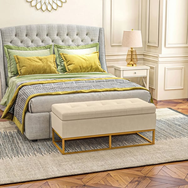 Säilytyspenkki pehmustettu, saranakansi, sametti-look, teräsjalat, beige, 110x44x49cm