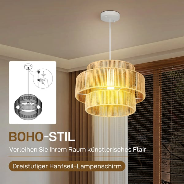 Boho Pendellampa i Hamplen, E27 Sockel, Ljusbrun, Hängande Taklampa för Matsal/Kök