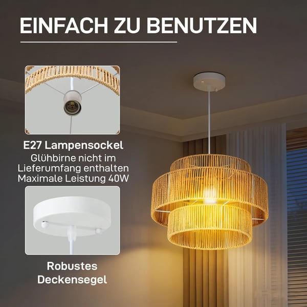 Boho Pendellampa i Hamplen, E27 Sockel, Ljusbrun, Hängande Taklampa för Matsal/Kök
