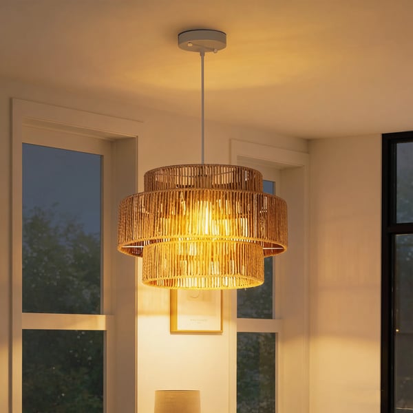 Boho Pendellampa i Hamplen, E27 Sockel, Ljusbrun, Hängande Taklampa för Matsal/Kök