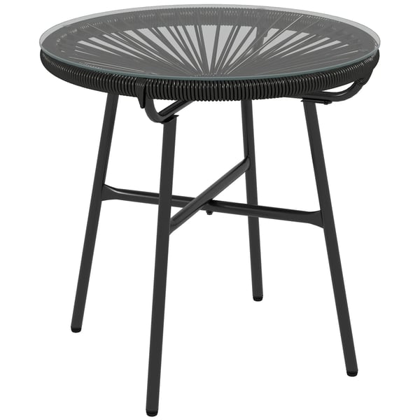 Rattan sidebord, bistrobord, sofabord med glasplade, rundt, til terrasse, altan, sort, 50x50x50 cm