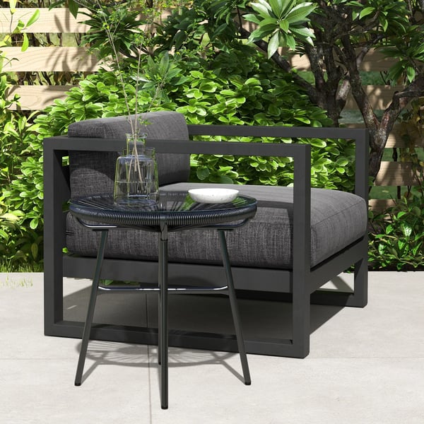 Rattan sidebord, bistrobord, sofabord med glasplade, rundt, til terrasse, altan, sort, 50x50x50 cm