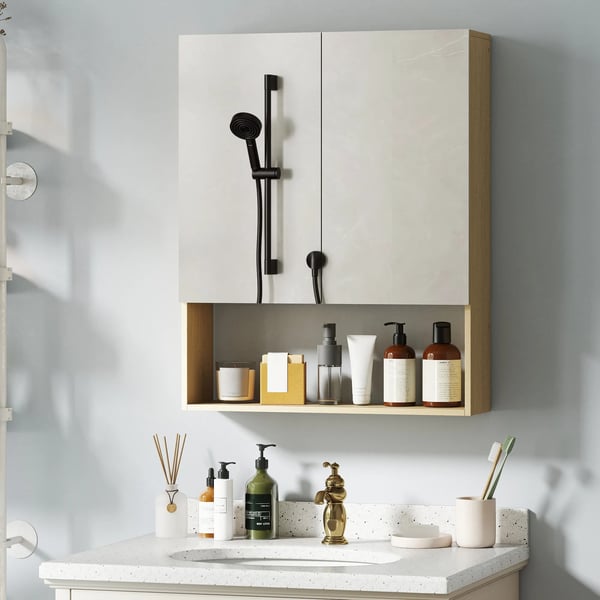 Badrumsspegel med dubbla dörrar och ekfinish, MDF/spånskiva/glas, väggmonterad