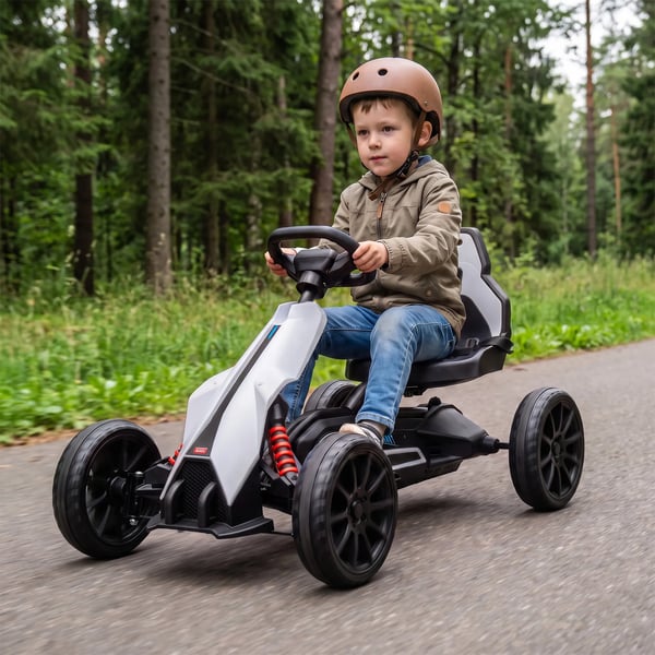 Elbil Gokart för barn, 12V, 3-5 km/h, Drifting Kart med säkerhetsbälte och ratt, 2 justerbara lägen, Vit
