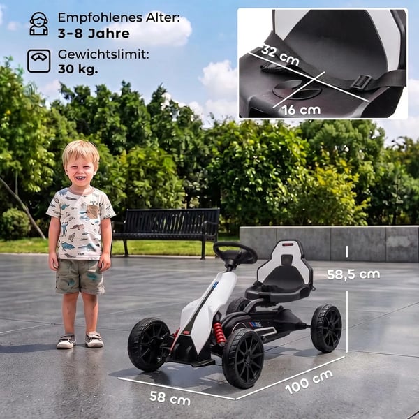 Elbil Gokart för barn, 12V, 3-5 km/h, Drifting Kart med säkerhetsbälte och ratt, 2 justerbara lägen, Vit