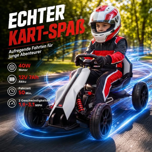 Elbil Gokart för barn, 12V, 3-5 km/h, Drifting Kart med säkerhetsbälte och ratt, 2 justerbara lägen, Vit