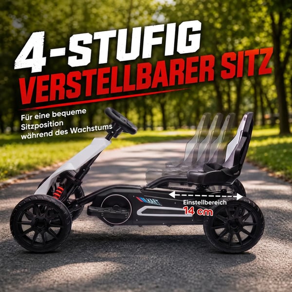 Elbil Gokart för barn, 12V, 3-5 km/h, Drifting Kart med säkerhetsbälte och ratt, 2 justerbara lägen, Vit