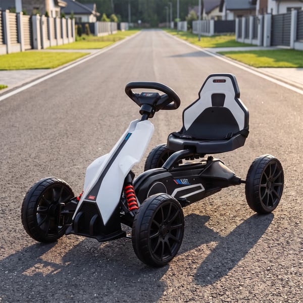 Elbil Gokart för barn, 12V, 3-5 km/h, Drifting Kart med säkerhetsbälte och ratt, 2 justerbara lägen, Vit