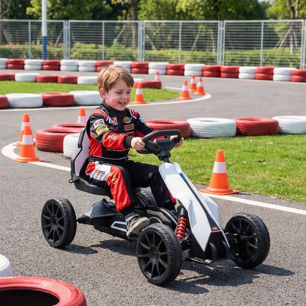 Elbil Gokart för barn, 12V, 3-5 km/h, Drifting Kart med säkerhetsbälte och ratt, 2 justerbara lägen, Vit